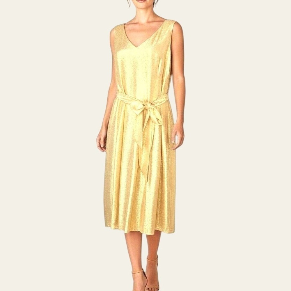 Lafayette 148 Metallic Gold Silk Blend Dress Tie Waist Cocktail Evening Size 10
